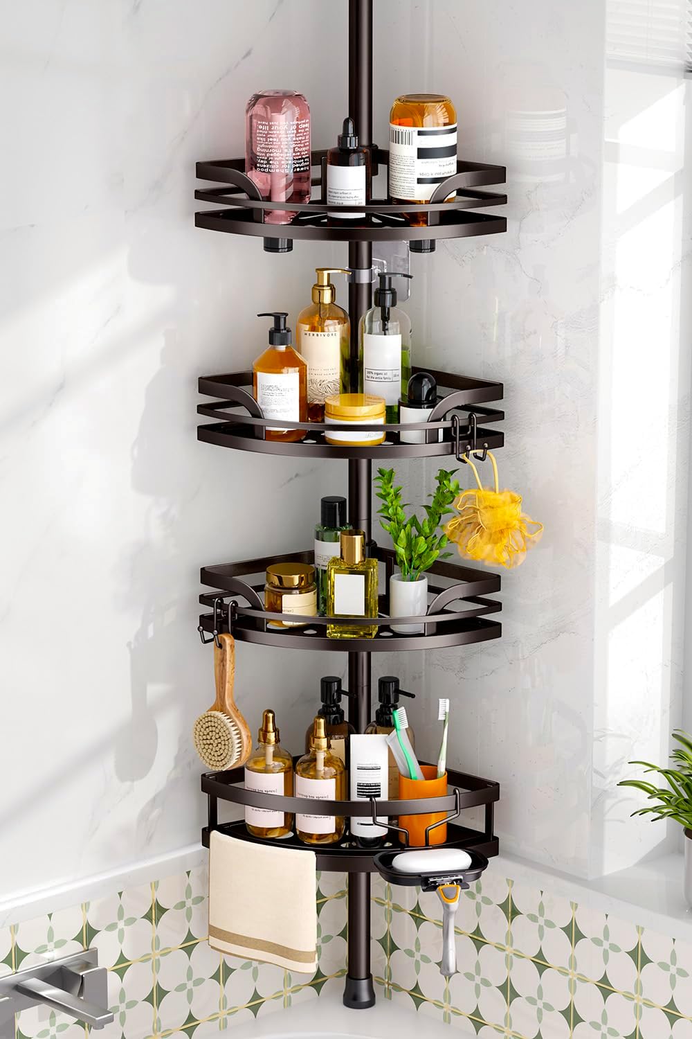 HAMITOR Shower Caddy Tension Pole: 4-Tier Adjustable Corner Organizer Black
