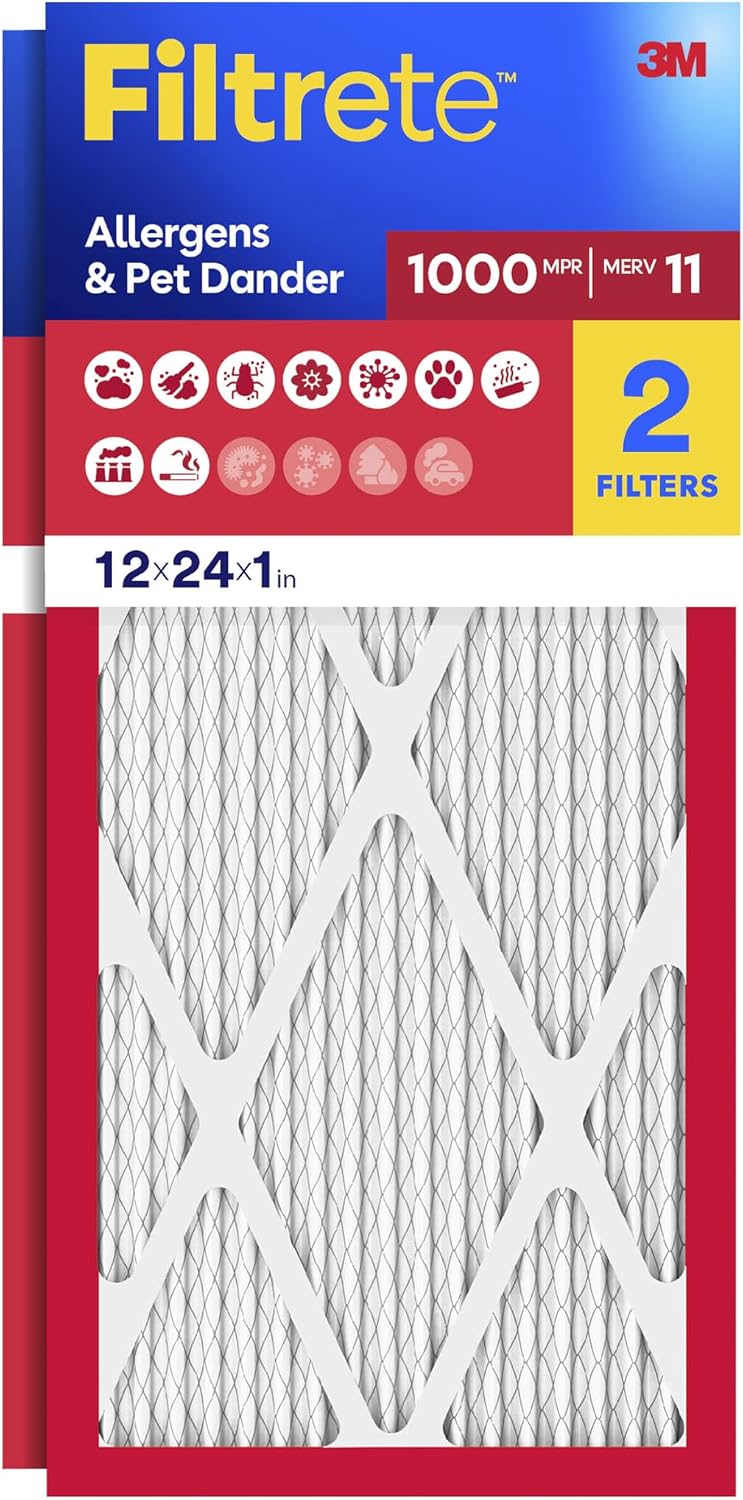 Filtrete 20x25x1 Air Filter, MERV 11, MPR 1000, Allergens & Pet Dander, 3-Month AC and Furnace Filters, Cleaner Air, Reliable Airflow, 2 HVAC Filters (Actual Size 19.68 x 24.68 x 0.81 in)