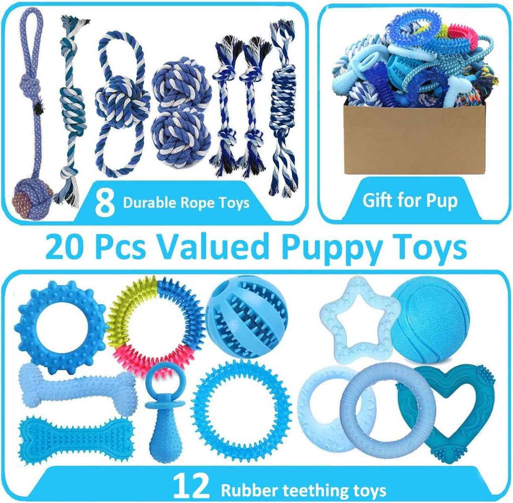 Beiker 20 Pack Puppy Chew Toys, Dog Teething Toys for Puppies Small Dogs | Blue Puppy Teething Rings and Ropes, Rubber Toy Bundle for Puppy Busy, Cute Interactive Pet Balls Bulk for Small Breed