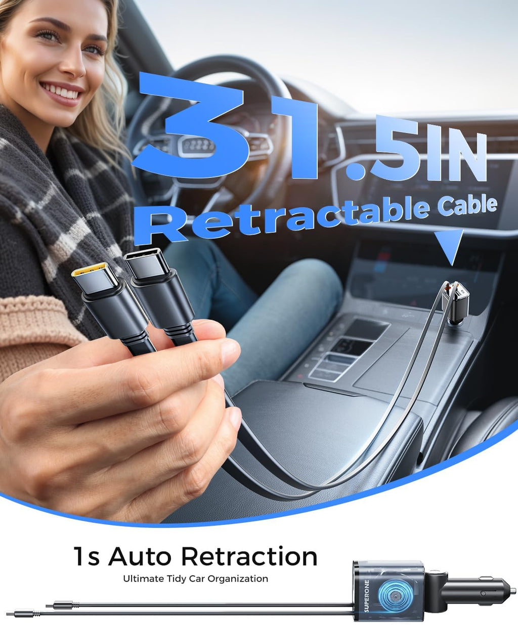 SUPERONE 6 in 1 Retractable Car Charger with Dual Type C Cables