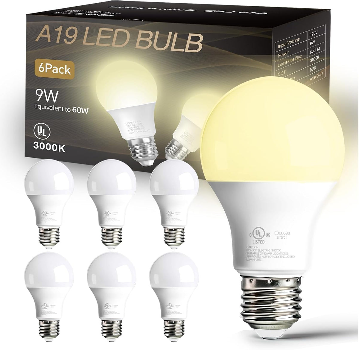 dalattin 24 Pack LED Bulbs Daylight White 5000K, 60 Watt Equivalent A19 Standard Bulbs, E26 Base, 800 LM, Efficient 9W Energy Saving, Non-Dimmable, 80+ CRI, 120V, UL Listed, for Living Room, Office