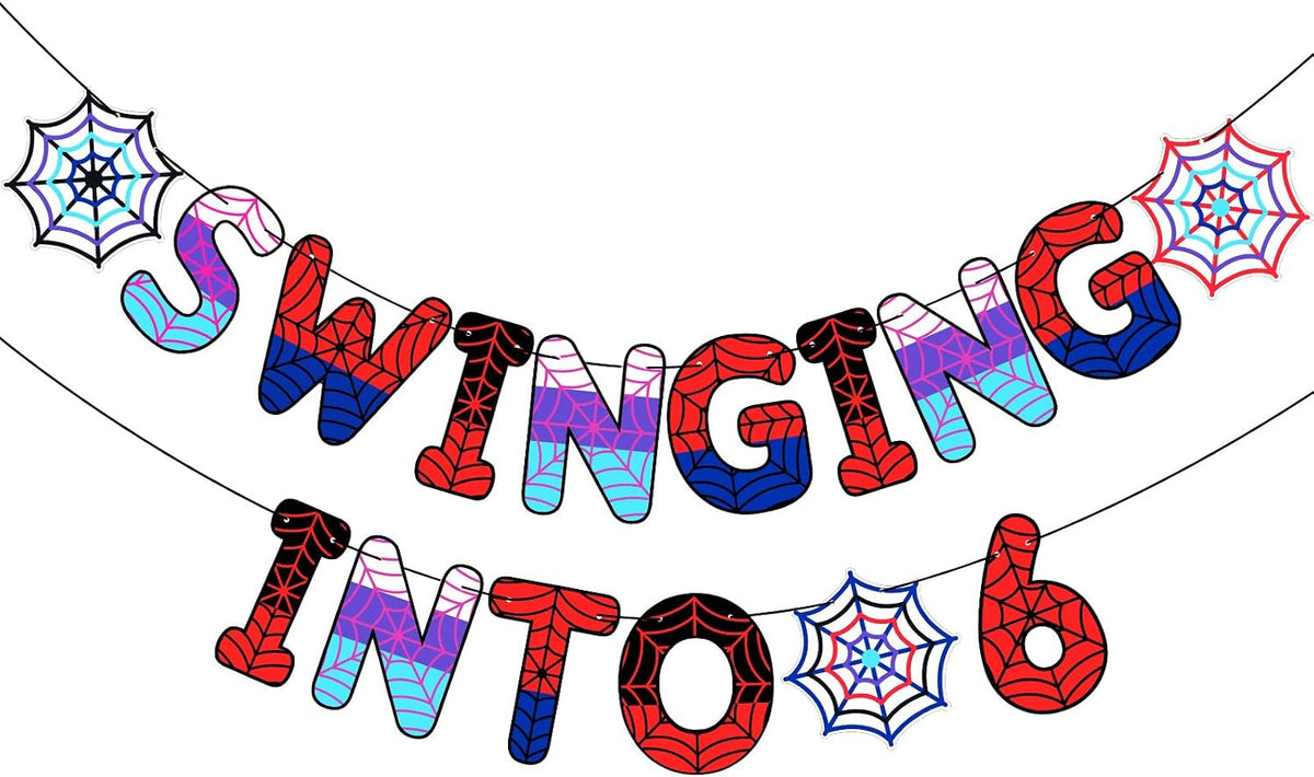 TaoBary Spider Theme 4th Birthday Banner Swinging into 4,Red and Blue
