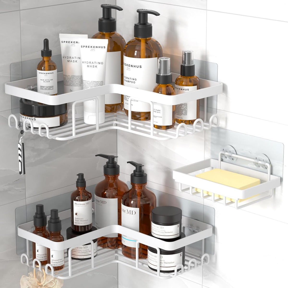YASONIC Corner Adhesive Shower Caddy, with Soap Holder and 12 Hooks, Rustproof Stainless Steel Bathroom Organizer, No Drilling Wall Mounted Rack, Black, 3-Pack