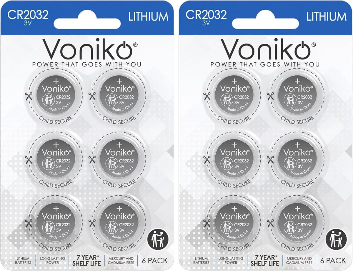 Voniko CR2032 3V Lithium Batteries 6 Pack for Child Safety, Compatible with AirTag, Key Fobs, Thermometers, Scales – 7 Years Shelf Life