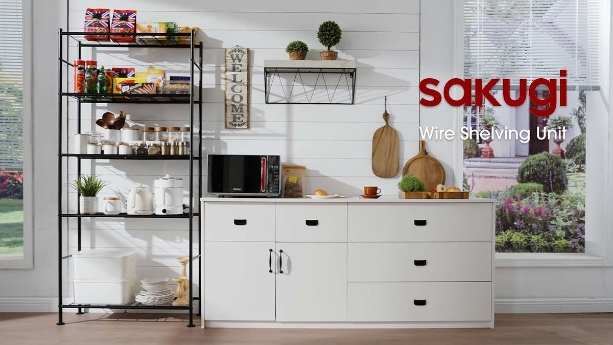 Sakugi Storage Shelves - 5 Tier Shelf Organizer, Heavy Duty Garage Shelving Unit with Leveling Feet, Stable Metal Shelves Organizer for Pantry, Kitchen and Closet, 33.0" W x 12.6" D x 72.0" H, Black