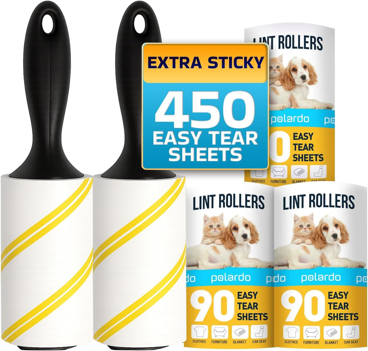 Lint Rollers for Pet Hair, White, Sticky Remover for Couch, Clothes, Furniture and Carpet, Dog and Cat Fur Remover, Animal Fuzz, 5 Large Sticky Rollers