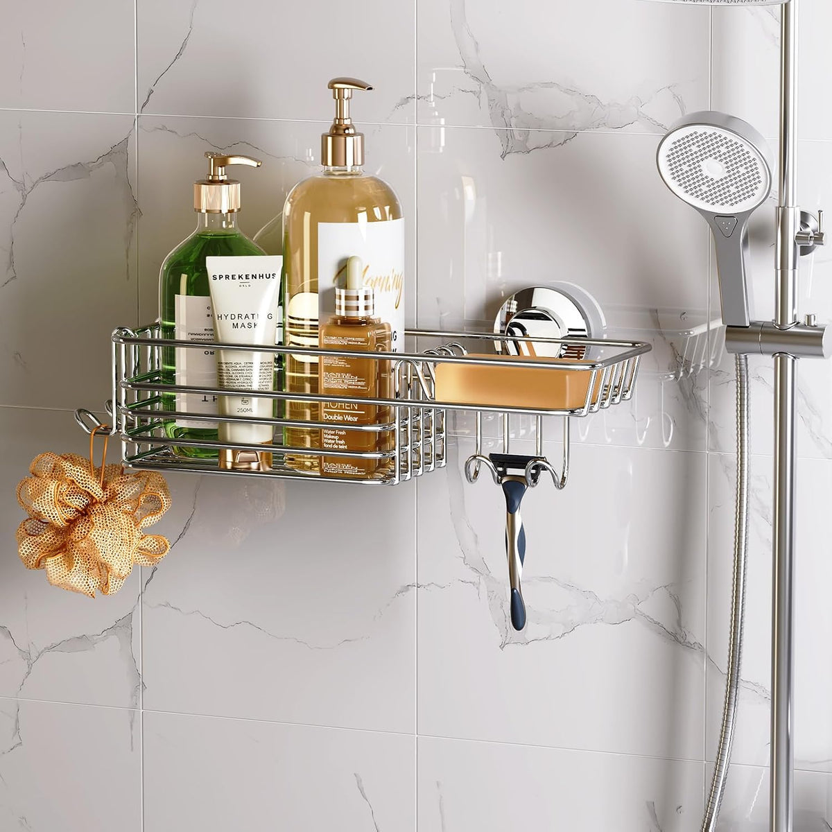 LEVERLOC Shower Caddy Suction Cup, 2 Pack Suction Shower Shelf With Hooks