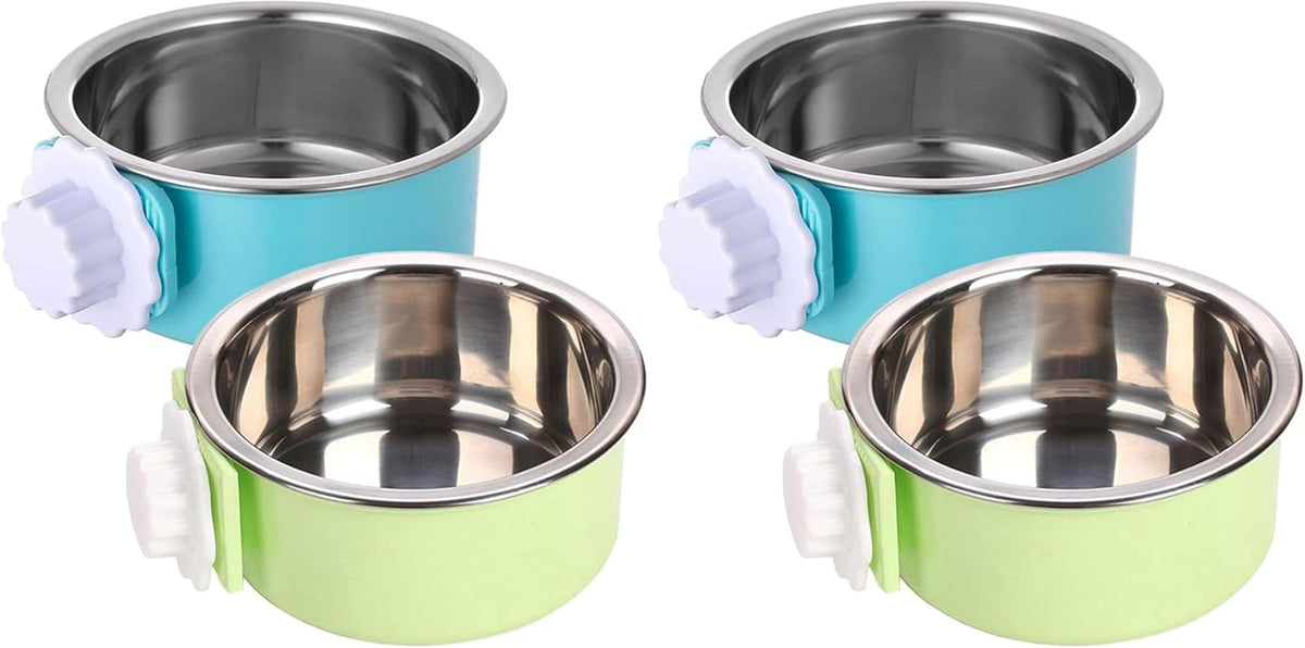 kathson Crate Dog Bowl, Removable Stainless Steel Hanging Pet Kennel Cage Bowl Food & Water Feeder Coop Cup for Puppy, Cat, Rabbit, Guinea Pigs Ferret Bird (2 PCS, Size: M, Blue and Green)