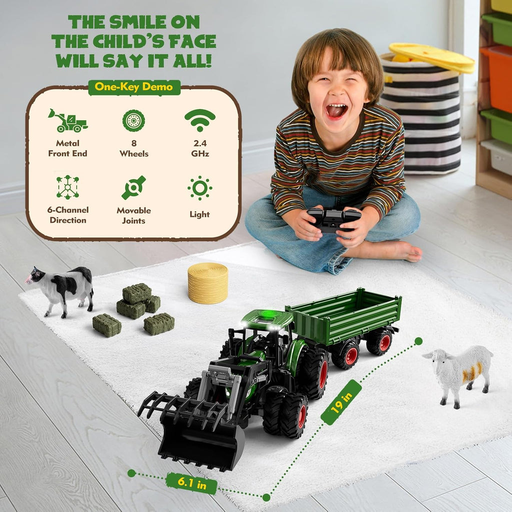 Uarzt Remote Control Tractor Toy with Trailer | Metal Front & Front Loader Farm Vehicle Set with Lights & 8-Wheel Design, RC Tractor Truck for Boys Ages 3-9, Fun Farm Toy Gift for Kids