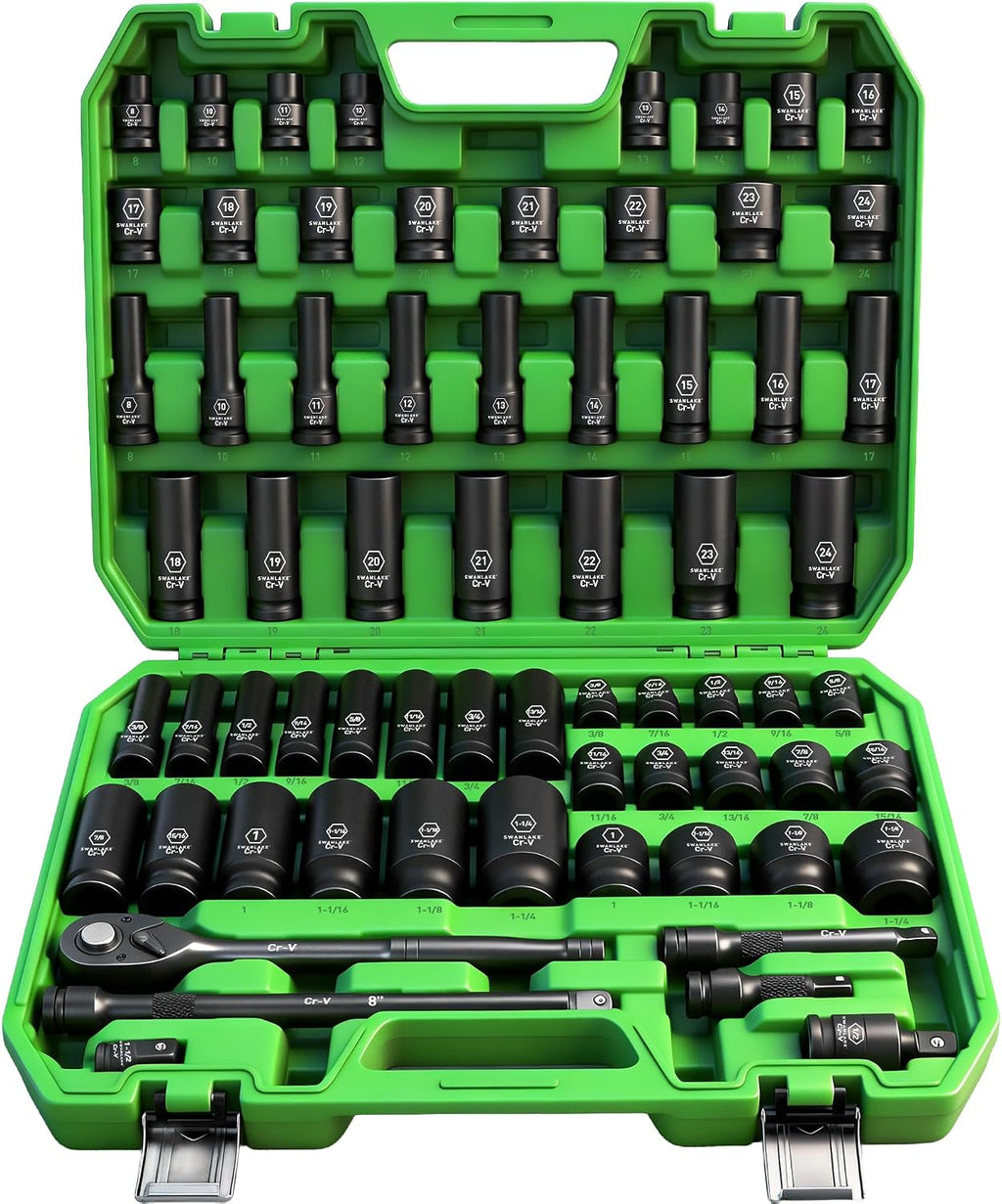 SWANLAKE 3/8'' Drive Impact Socket Set, 50-Piece Standard SAE (5/16 to 3/4 inch) and Metric (8-22mm) Size, 6 Point, Cr-V, 3/8-Inch Ratchet Handle, Extension Bar, Universal Joint