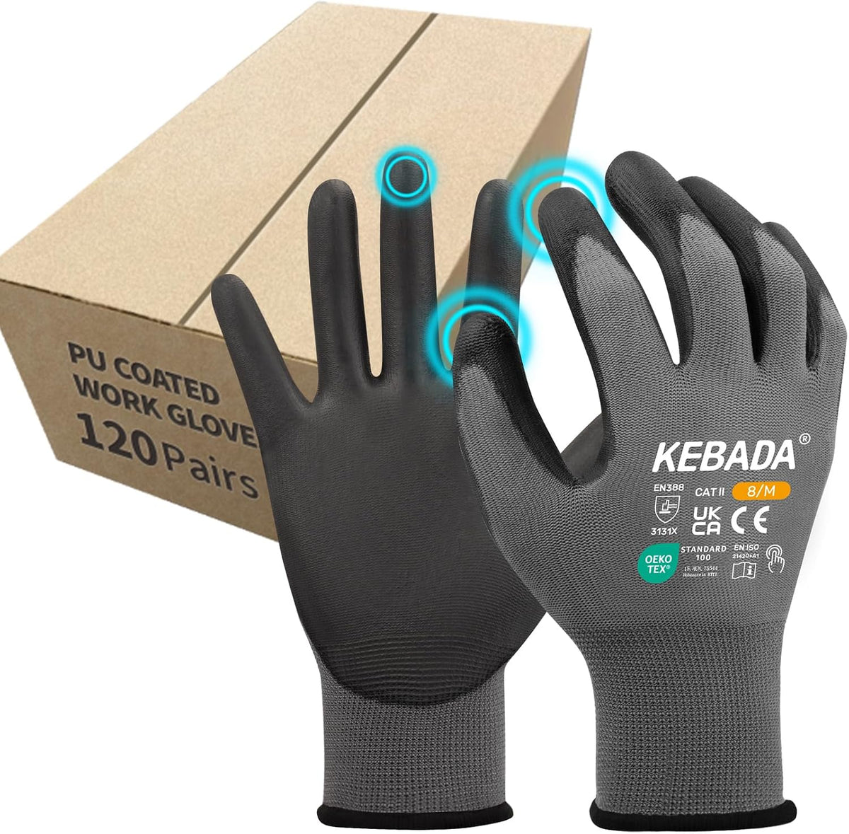 Kebada W1 Safety Work Gloves for Men & Women, Touchscreen, PU Coated