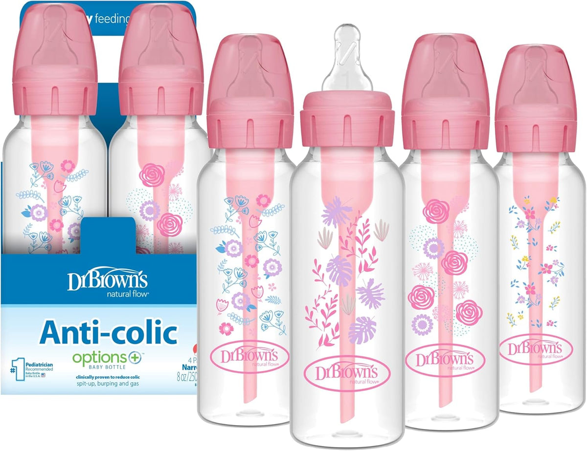 Dr. Brown's Anti-Colic Options+ Narrow Baby Bottle, Pink Floral, 4-Pack