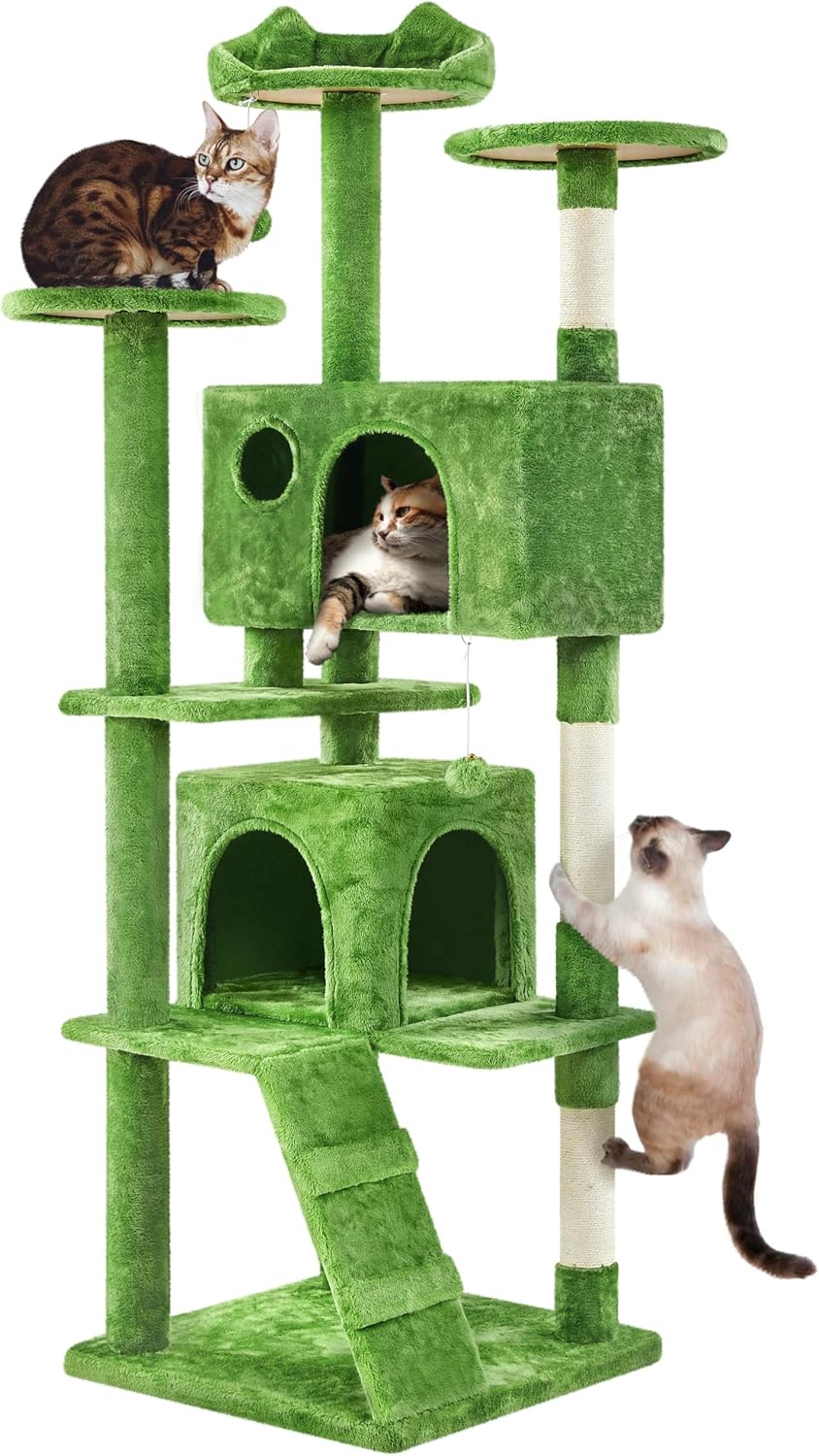 Yaheetech 54in Cat Tree Tower, 2 Caves, Kitten-Ear Perch & Scratching Posts