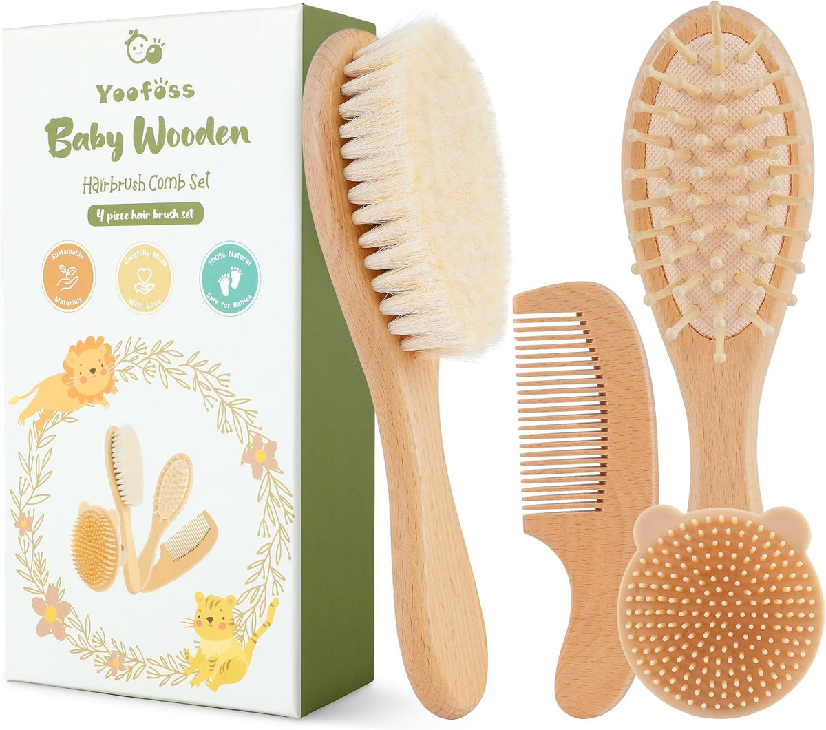 Yoofoss 4 Piece Baby Brush and Comb Set, Wooden Baby Brush with Natural Ultra Soft Goat Hair, Baby Hair Brush for Newborn, Baby Brush Set for Boy Girl