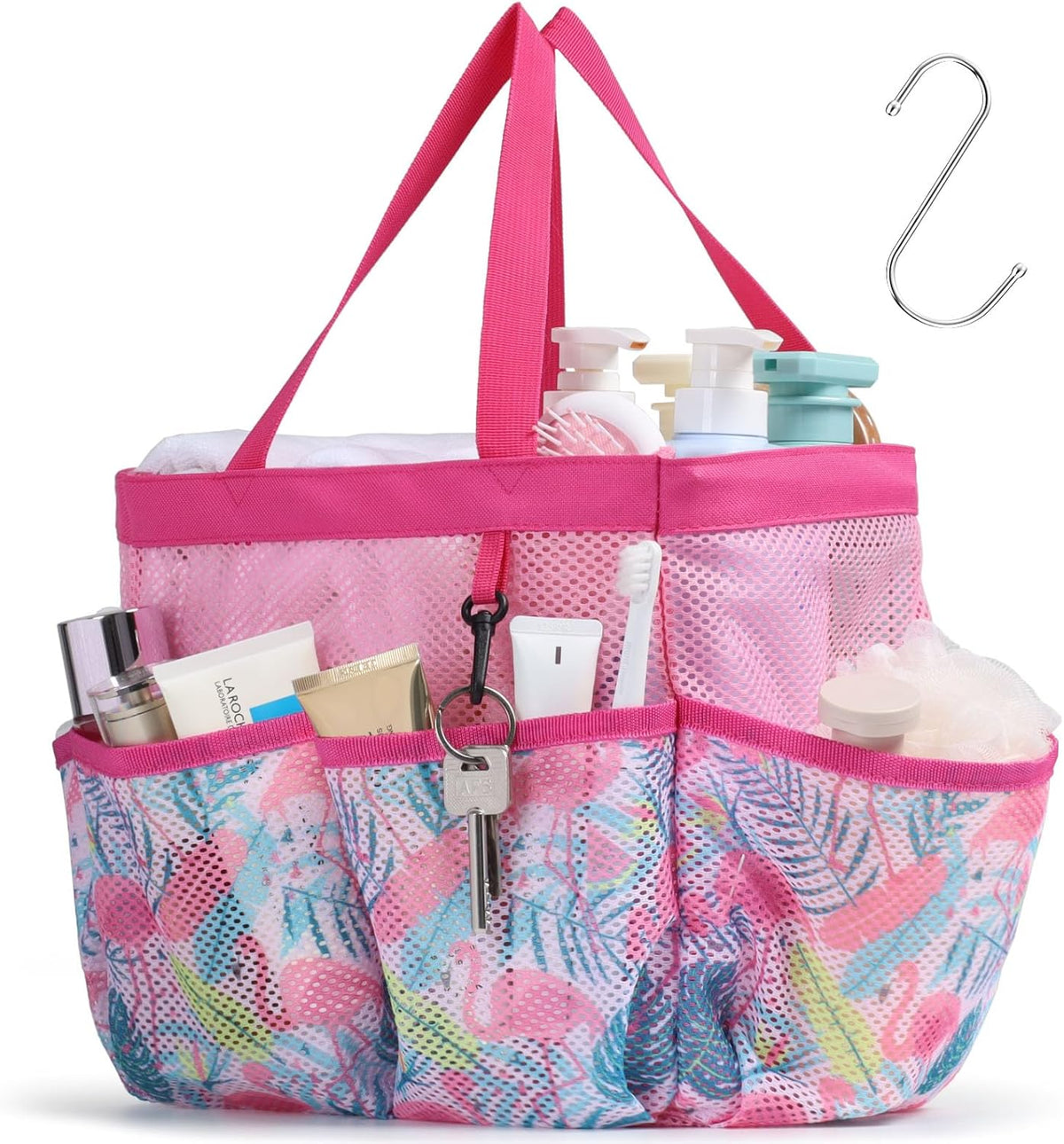Mesh Shower Caddy Portable - 8 Pockets, S-Hook, Shower Bag for Dorm Camping