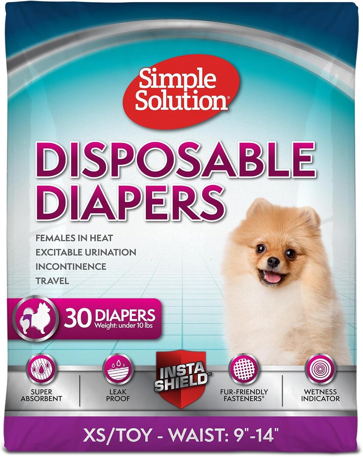 Simple Solution Female Dog Diapers, Disposable Dog Diapers, M, 30 Count | Dog in Heat, Potty Training, Incontinence Support, Leak Proof, Puppy Training, Disposable Protection, Secure Fit, 15-23 Inch