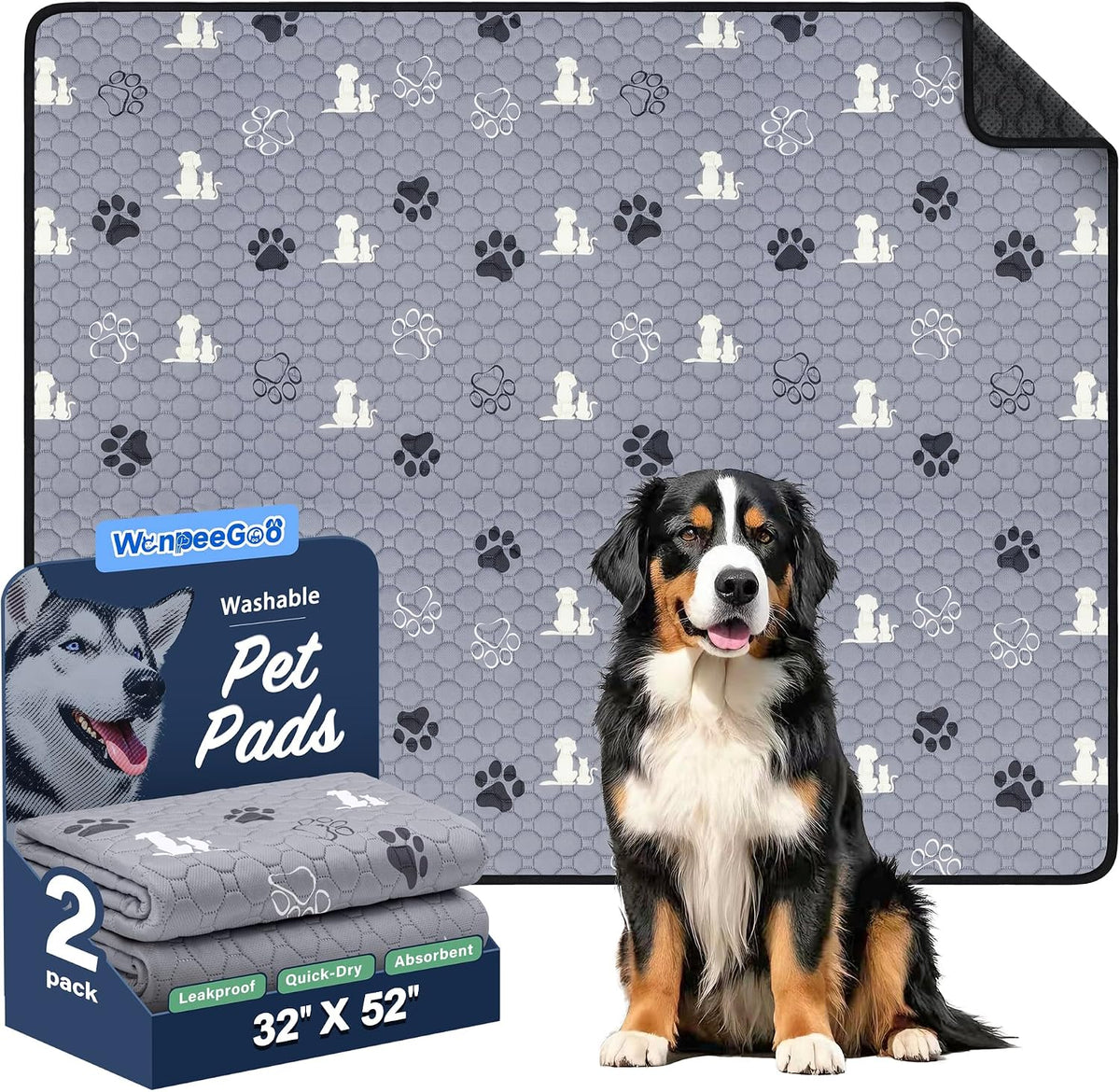 WanpeeGoo Washable Pee Pads for Dogs, Waterproof, 18 x 24 in, 4 Pack, Gray | Super Absorbent, Waterproof and Non-Slip; Washable, Reusable Dog Pads for Crates, Playpens, Floors, Furniture and Travel