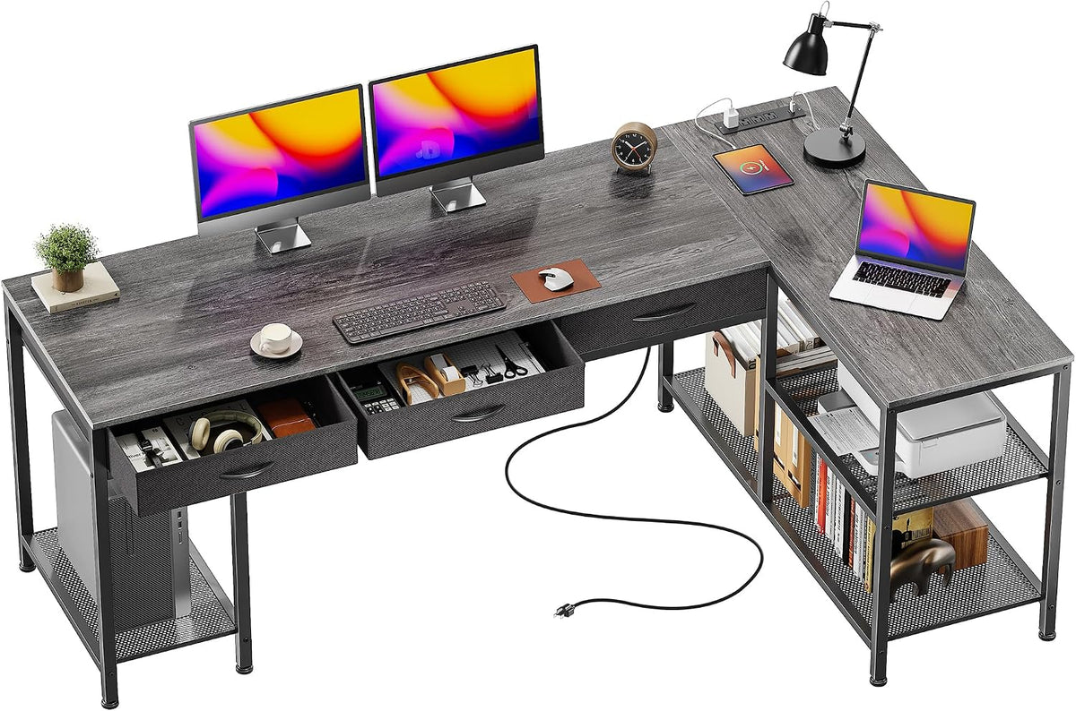 PRAISUN 55 Inch L Shaped Office Desk with Power Outlets and Type-C Port, Large Computer Gaming Desk with 3 Fabric Drawers, Mesh Shelves, Corner Study Work Writing Desk, Rustic Brown