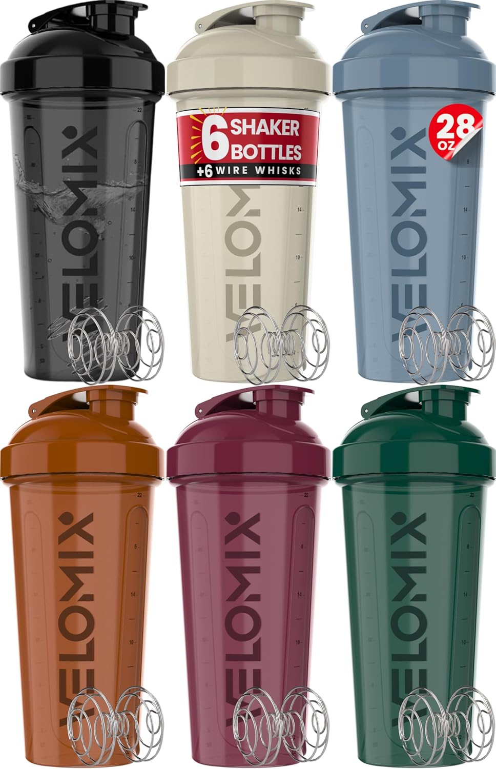 VELOMIX 6 Pack 28oz Protein Shaker Bottle for Protein Mixes, Earth Tones