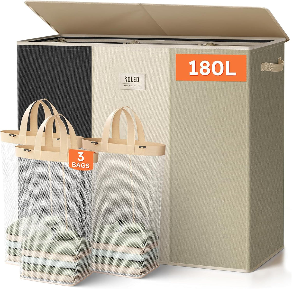 SOLEDI Large Laundry hamper 3 Section with Laundry Bag, XL Clothes Basket