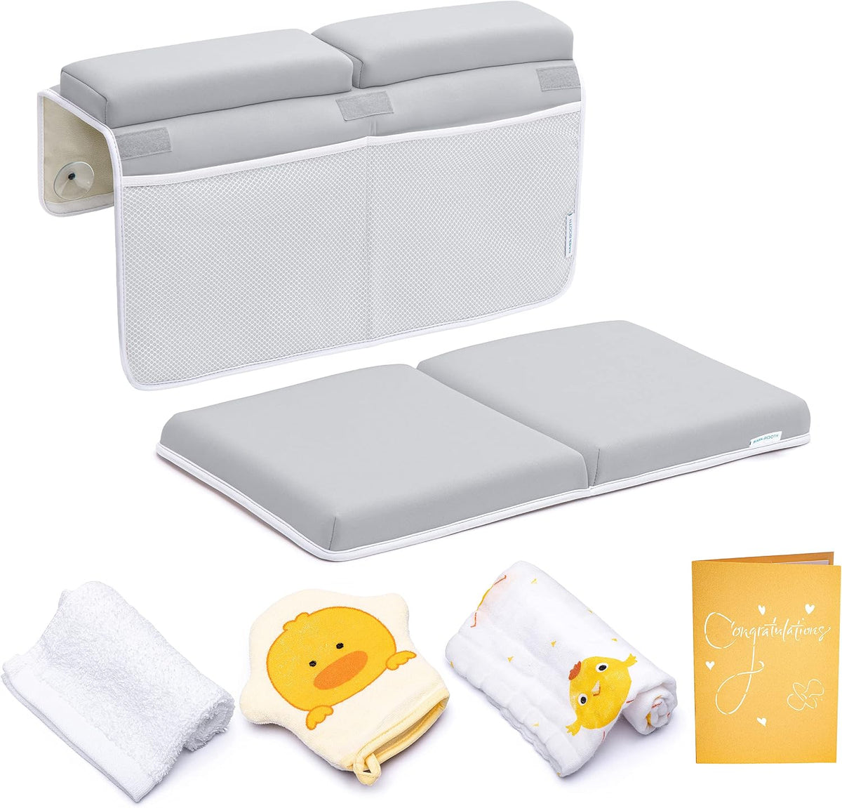 Bath Kneeler and Elbow Rest Pad, 1.75 inch Extra Thick Baby Bath Kneeling Mat and Elbow Pads for Bathtub. Bath Tub Cushions with Infant Toy and Baby Accessories Organizer, Grey