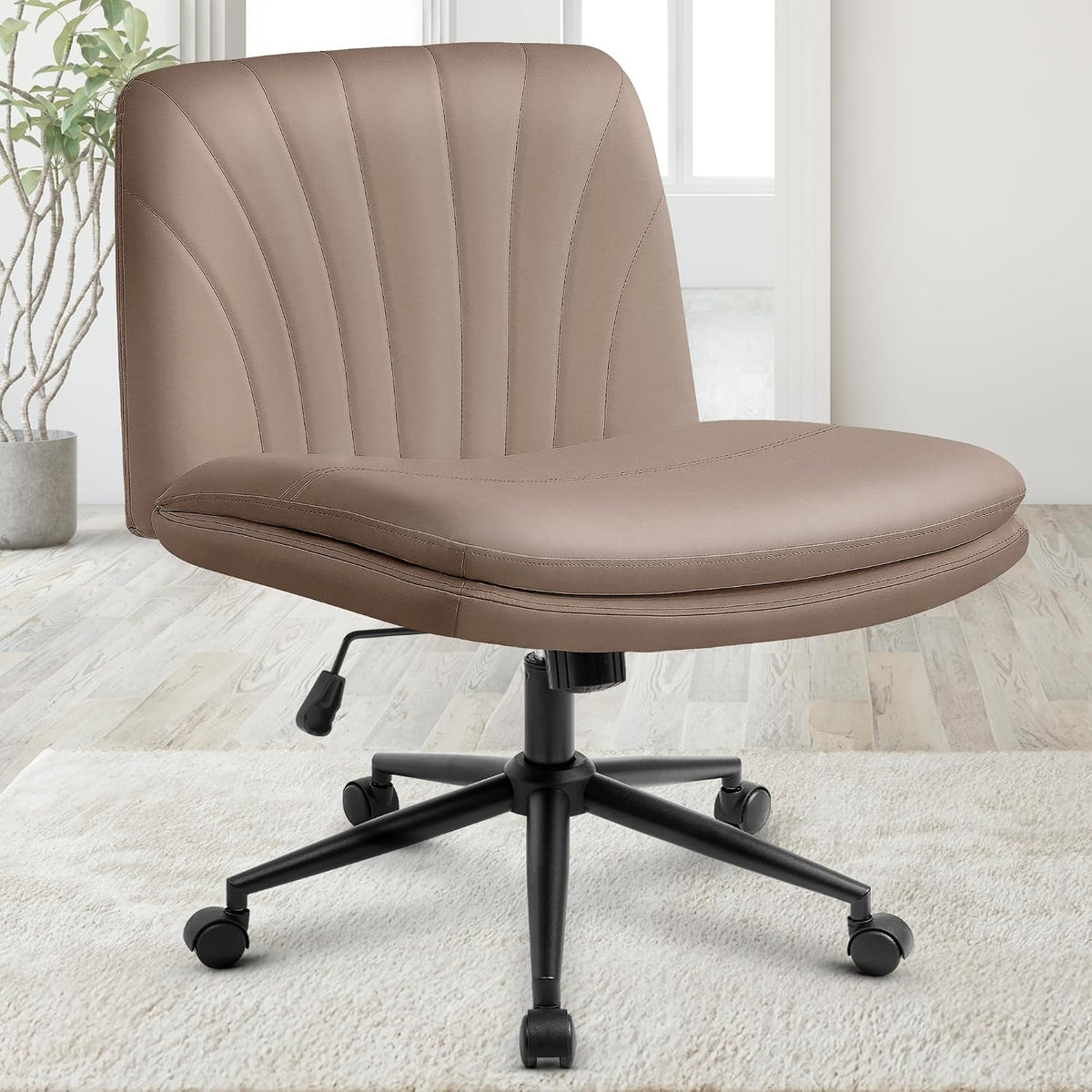 Orange Factory Criss Cross Chair, Wide Fabric Vanity Desk Seat, Beige Wheel