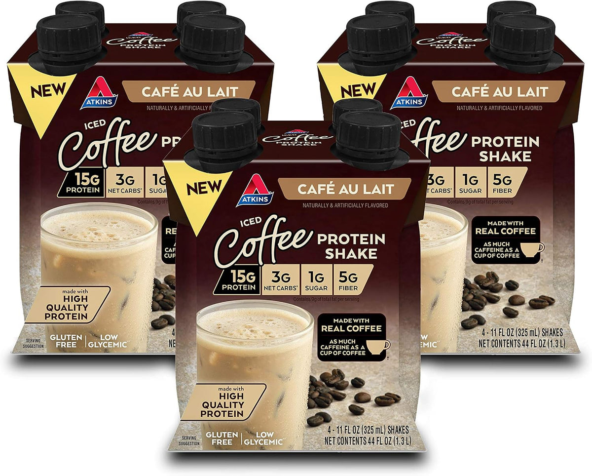 Atkins Café au Lait Iced Coffee Flavored High Protein Shake, Low Sugar and Low Carb, Keto Friendly, Ready to Drink Protein Drink, Gluten Free, 12 Count