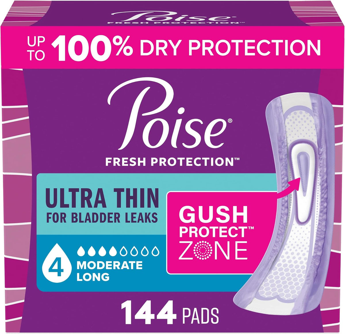Poise Ultra Thin Incontinence Pads & Postpartum Pads for Bladder Leaks, 4 Drop Moderate Absorbency, Regular Length, 144 Count, Packaging May Vary
