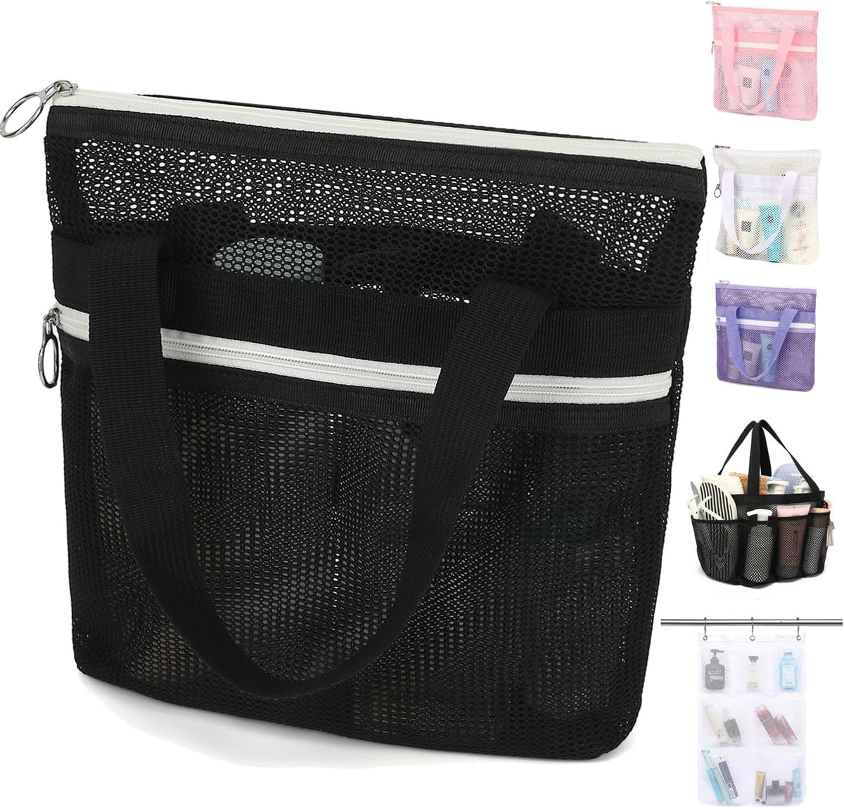 GYEUKHAM Mesh Shower Bag with 2 Zipper Pockets & Dual Handles, Quick-Drying Hanging Shower Caddy for College Essentials,Sunscreen,Dorm, Gym, Travel & Camping, Black