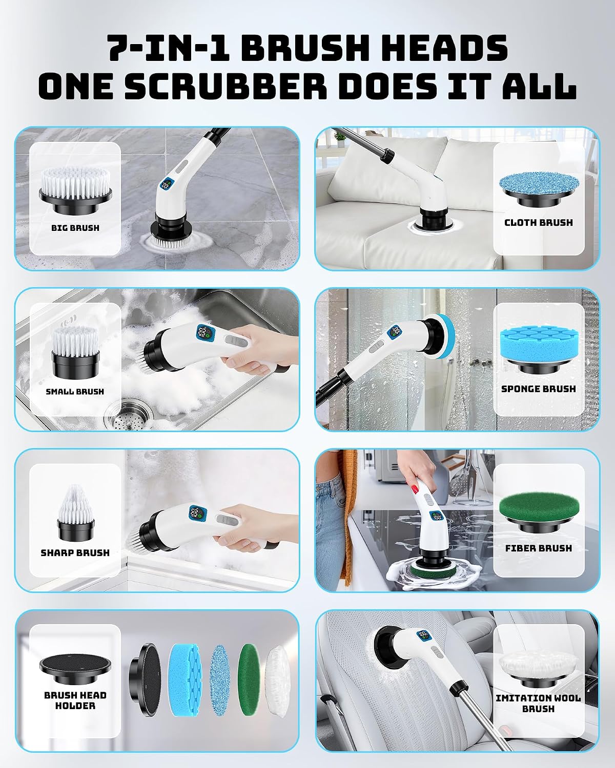 Electric Spin Scrubber with Long Handle | Shower Cleaner Brush for Bathroom