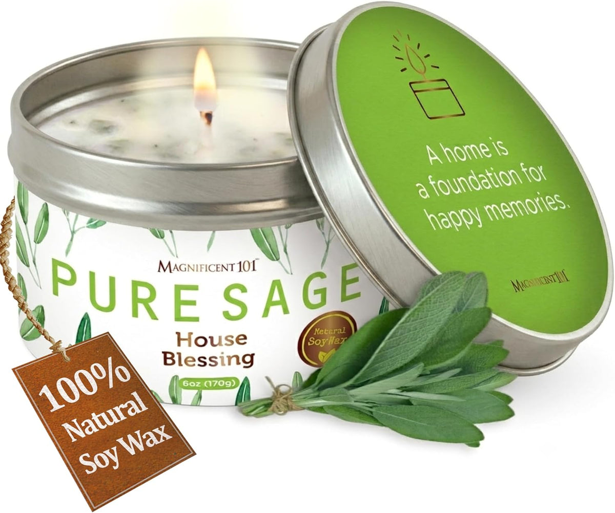 Magnificent 101 Pure Sage Tin Candle for Energy Cleansing, 6oz