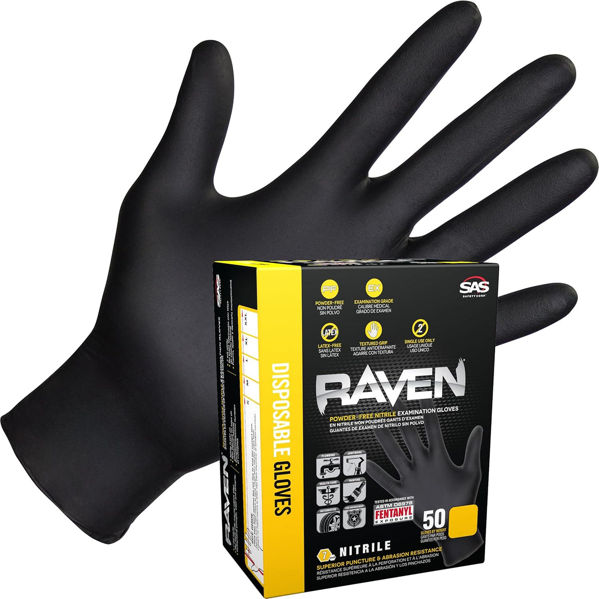 Raven Powder Free Nitrile Disposable Gloves | 7 Mil | Latex Free, Chemical + Puncture Resistant, Single Use |