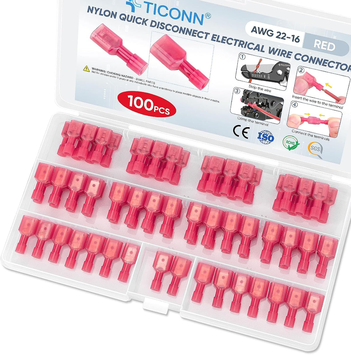 TICONN 100 Pcs Nylon Spade Connector Kit, Insulated Crimp Wire Connectors