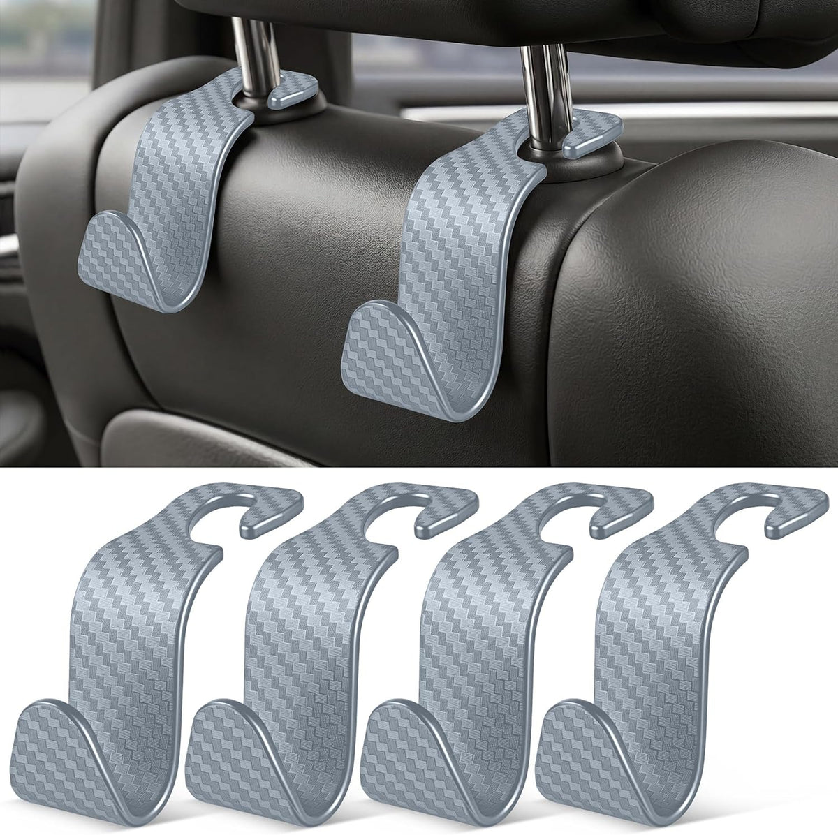 SINGARO Universal 4 Pack Car Seat Headrest Purse Hook, Carbon Fiber Back Seat Hook Storage Organizer Hanger for Purse Handbag Coat, Car Interior Accessories(Black)