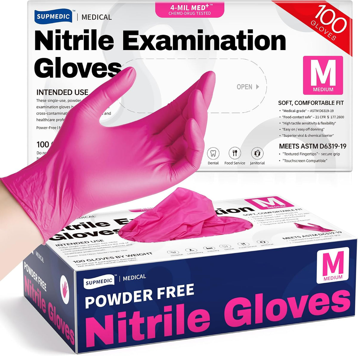 Supmedic Nitrile Exam Gloves, 4 Mil MED+ Powder-Free Latex-Free Cooking Food-Safe Disposable Medical Gloves 100Ct Rose Orchid