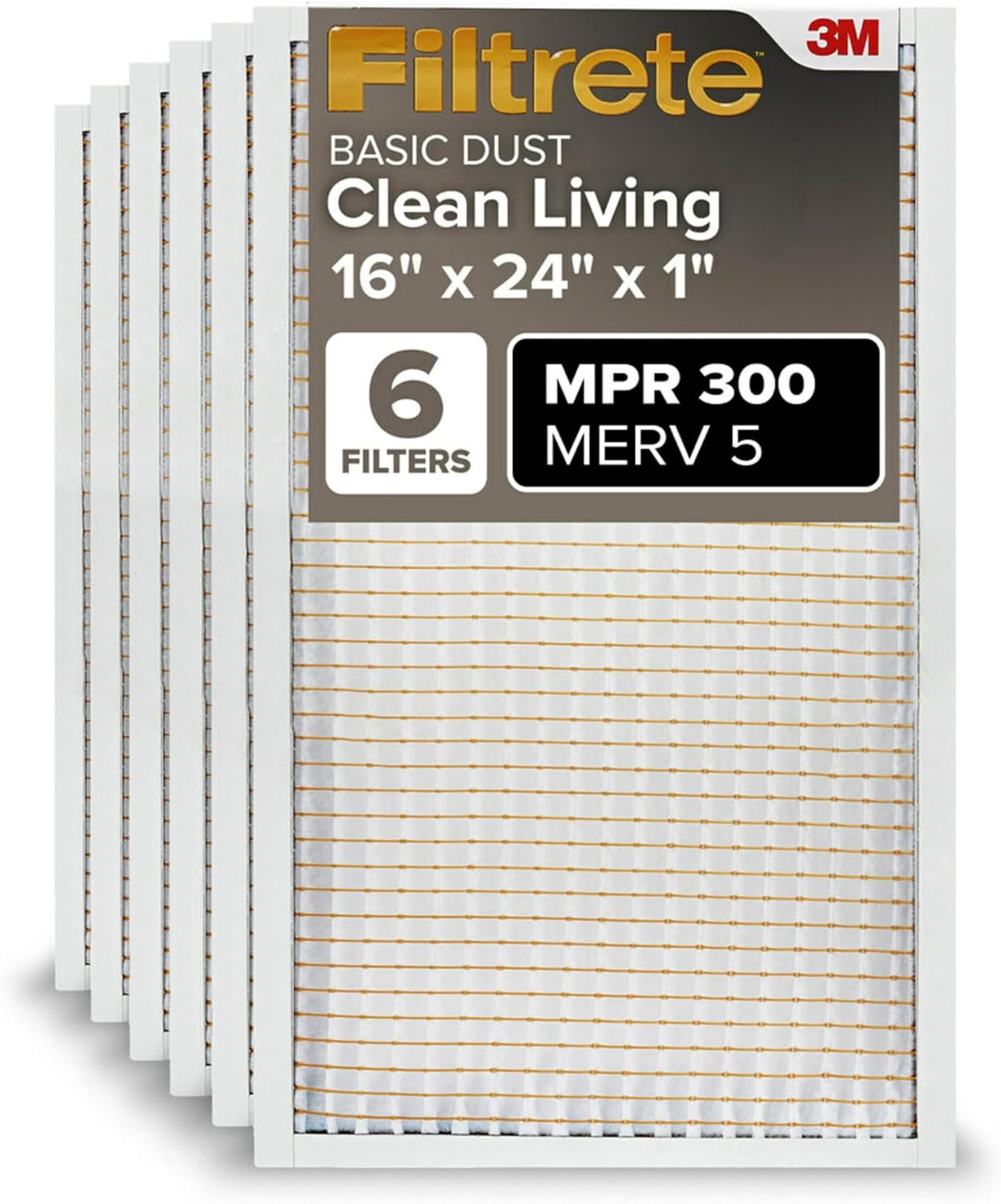 Filtrete 16x25x1 Air Filter MERV 5, 6-Pack AC Furnace HVAC, MPR 300 Basic Dust Defense, Pleated Electrostatic, Removes Lint