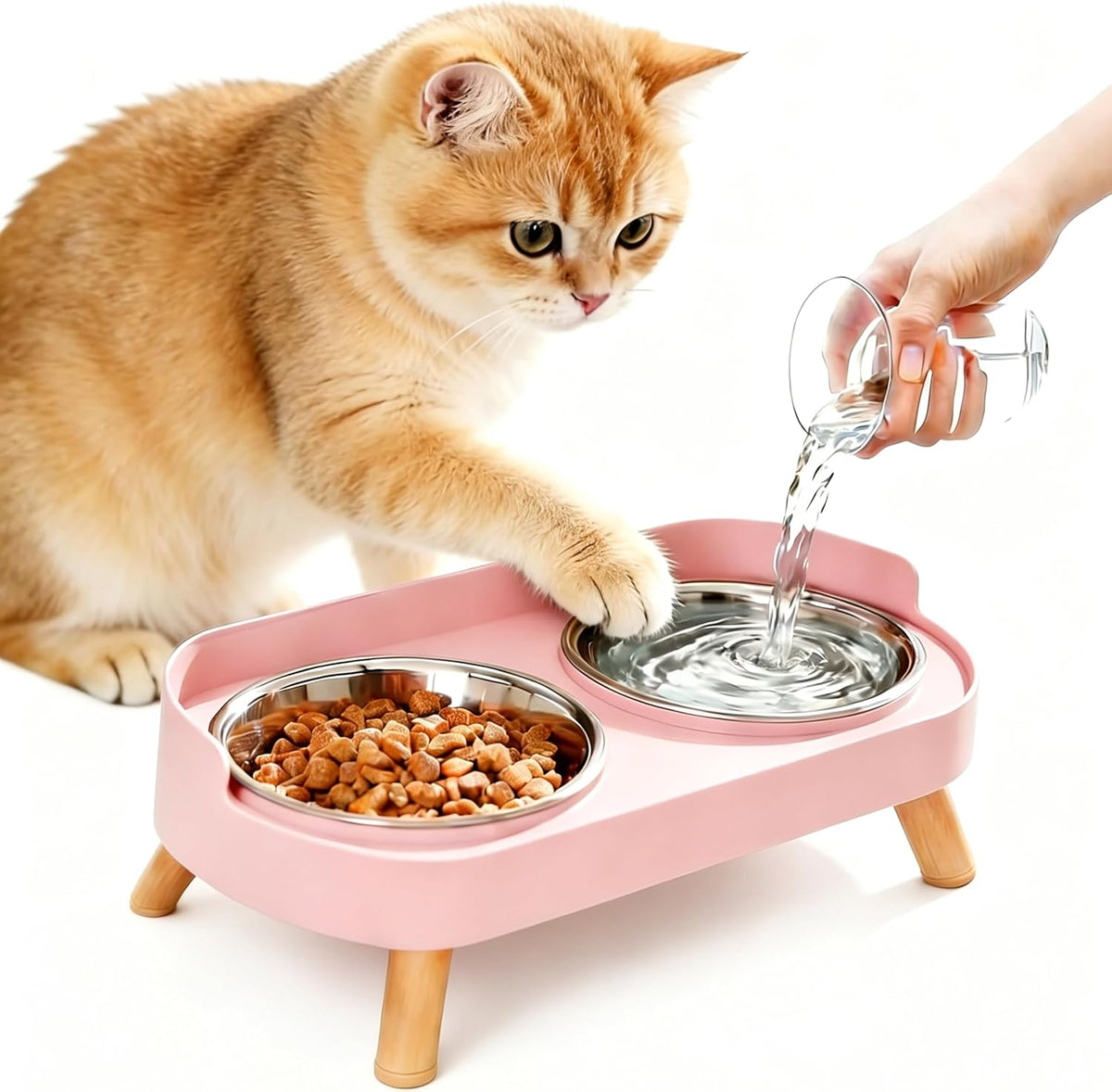 Elevated Cat Bowls with Food Mat, Splash Proof Anti Vomiting Raised Cat Food and Water Bowl Set, 2 Stainless Steel Dishes for Cats and Puppy, Pet Bowl for Indoor Cats White