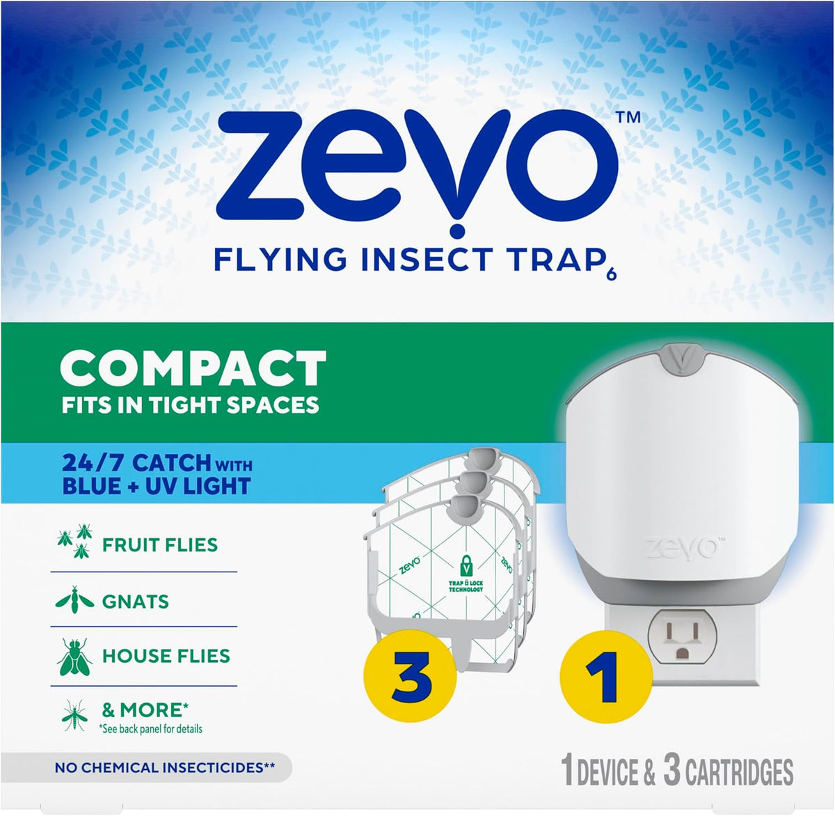 Zevo Compact Flying Insect Trap for Gnats & Fruit Flies, 1 Base & 3 Refills