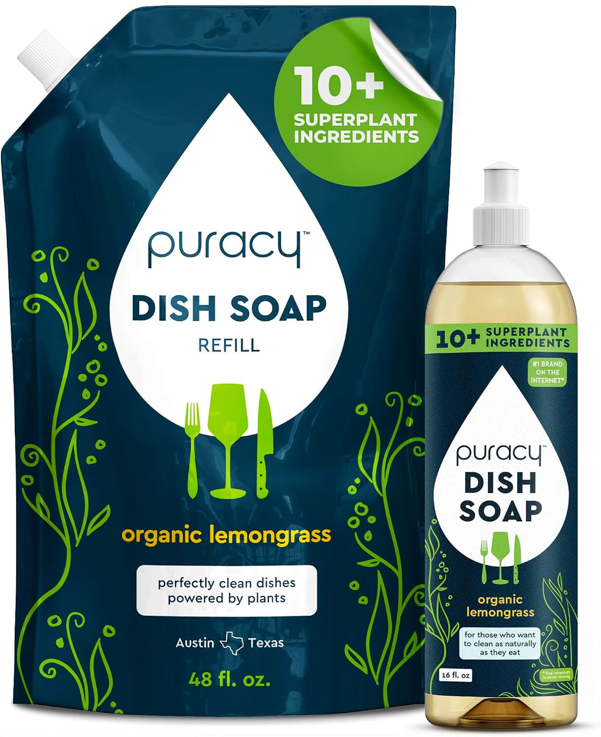 Puracy Natural Dish Soap Refill - Skin-Softening Plant-Based Liquid Dishwashing Detergent Soap, Clean-Rinsing Water-Sheeting Formula (Organic Lemongrass, 48 fl oz)
