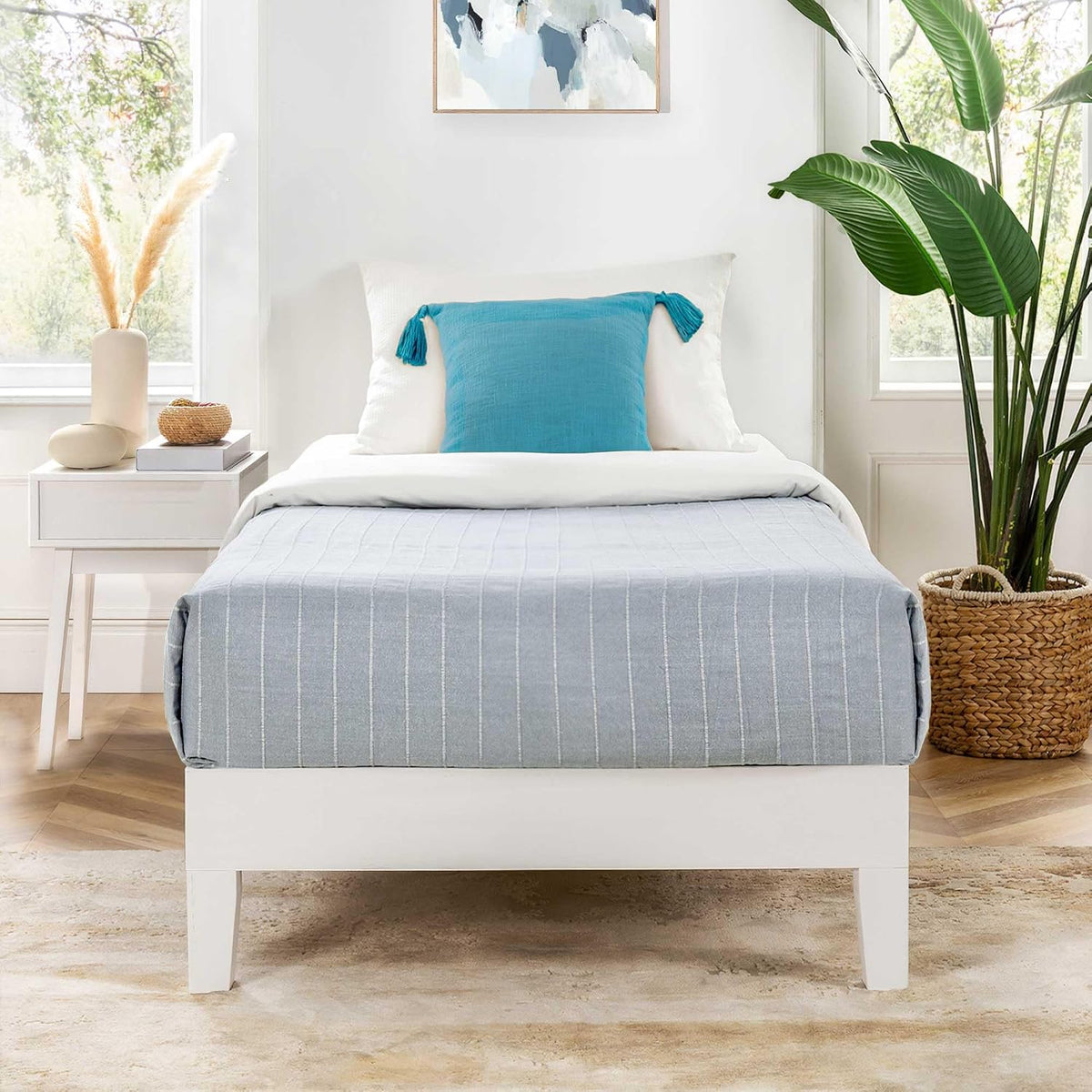 Mellow Naturalista Classic - 12 Inch Solid Wood Platform Bed with Wooden Slats, No Box Spring Needed, Easy Assembly, Queen, Pine