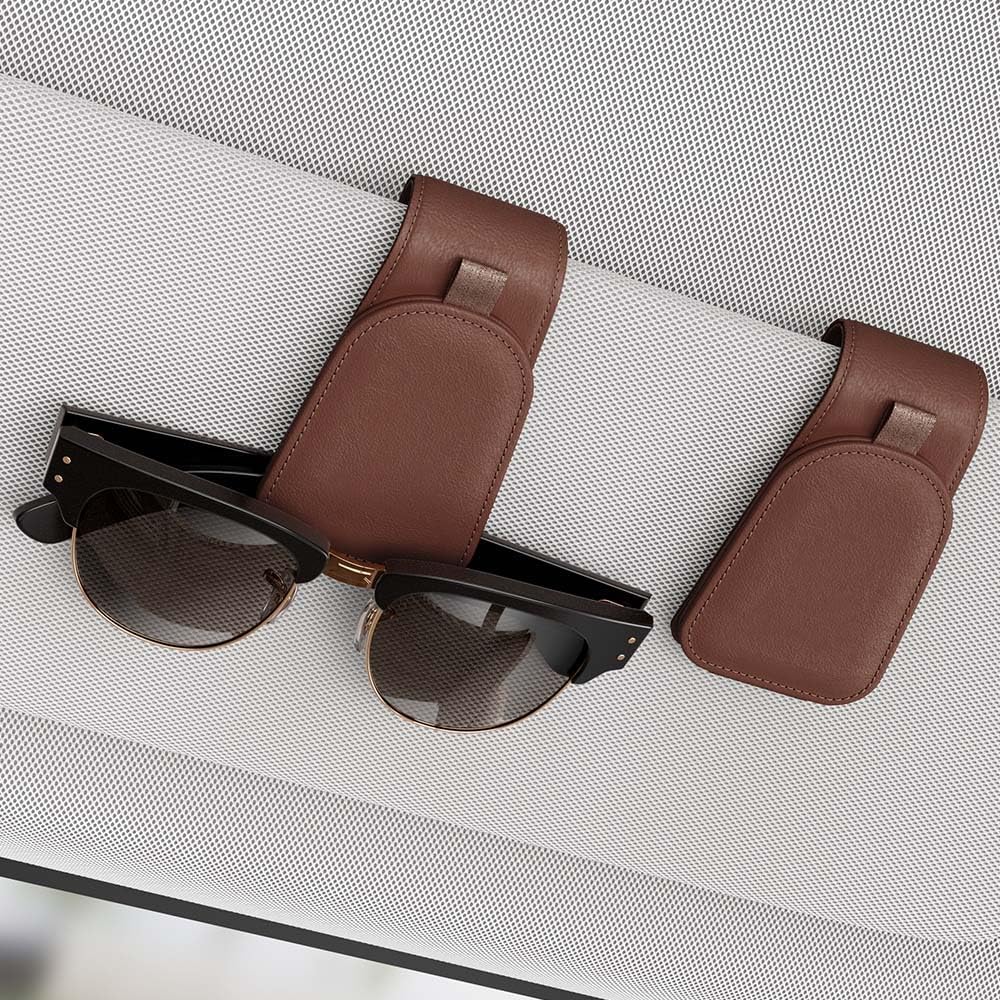 Sotfamily Magnetic Sunglass Holder for Car Visor, 2 Packs, Faux Leather
