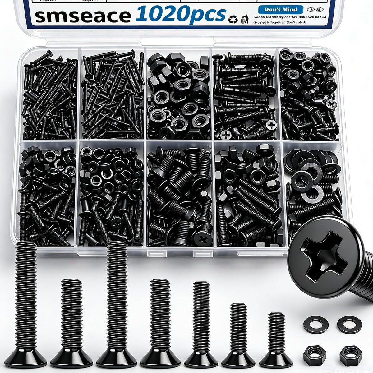 smseace 516Pcs Nuts and Bolts Assortment Kit 21-Sizes M3/M4/M5/M6 Nut Bolt Washer Assortment Kit for Machinery, Furniture, Automotive, Motorcycle Repairs