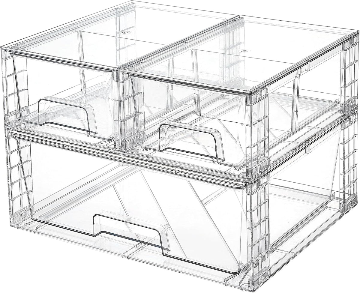 Vtopmart Clear Stackable Storage Drawers, 3 Pack Wide Organizer Set