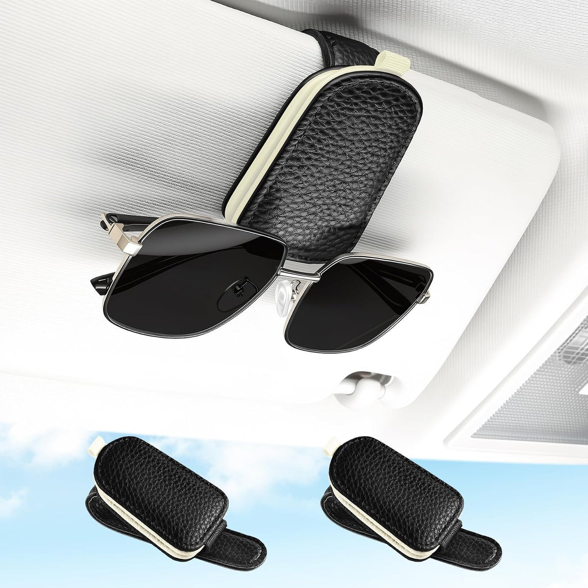 SINGARO 2PCS Sunglasses Holder for Car, Leather Magnetic Buckle Sun Visor Sunglass Clip, Ticket Card Storage Glasses Clip, Car Interior Accessories for Men and Women（Black）