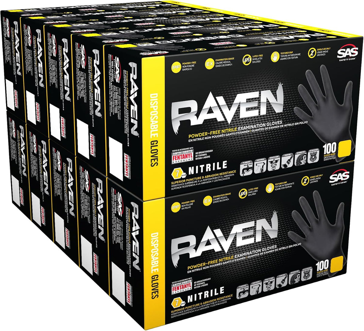 Raven Powder Free Nitrile Disposable Gloves | 7 Mil | Latex Free, Chemical + Puncture Resistant, Single Use |