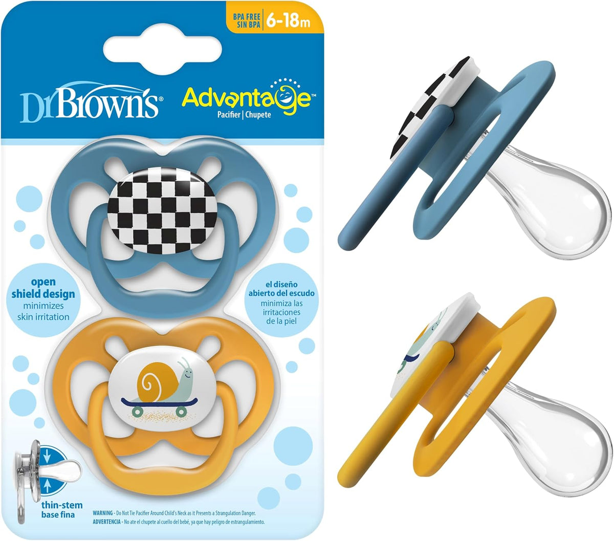 Dr. Brown's Advantage Glow-in-the-Dark Baby Pacifier, Fully Symmetrical Soother with Soft Silicone Bulb, Skateboard Snail-Blue Nature, 6-18m, BPA Free, 4 Pack