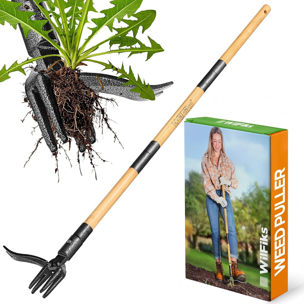 WilFiks Weed Puller Tool, Stand Up Heavy Duty Weed Remover Tool with Long Handle, Foot Platform Design - 4 Claw Steel Head Weeder Tool, Bamboo Garden Hand Weeding Tool