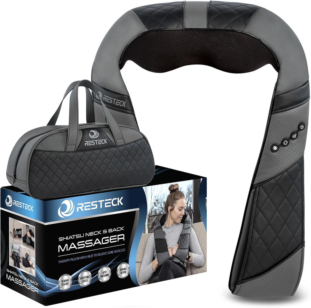 RESTECK Massagers for Neck and Back with Heat - Deep Tissue 3D Kneading Pillow, Electric Shiatsu Shoulder Massage, Foot, Legs,Body - Relieve Muscle Pain - Office, Home & Car