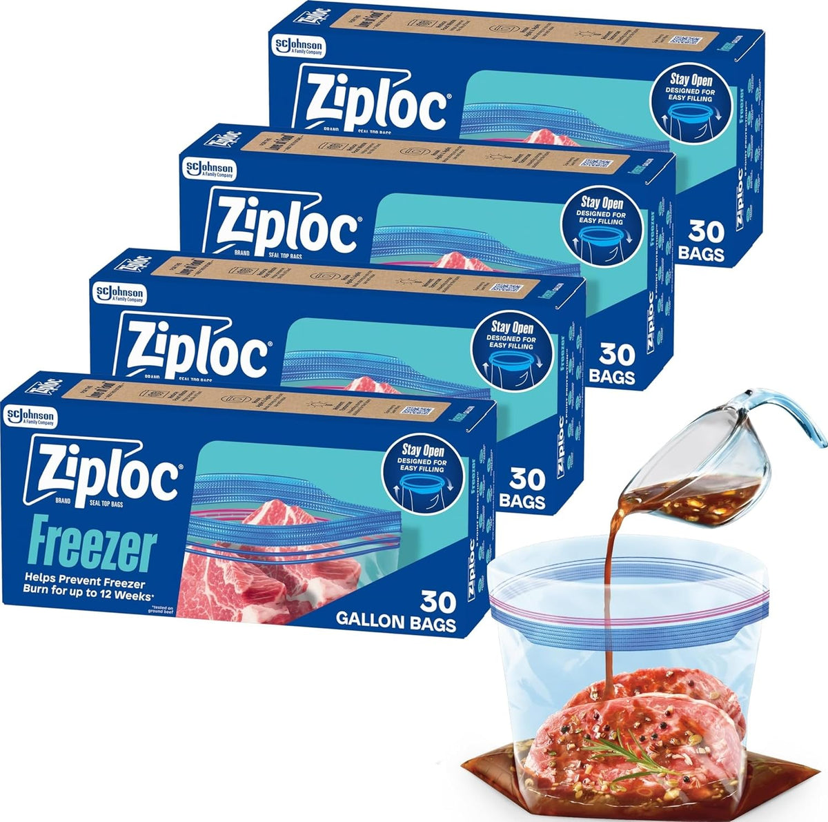 Ziploc Gallon Freezer Bags, Food Storage, 120 Total Bags (30 Count, 4-Pack)