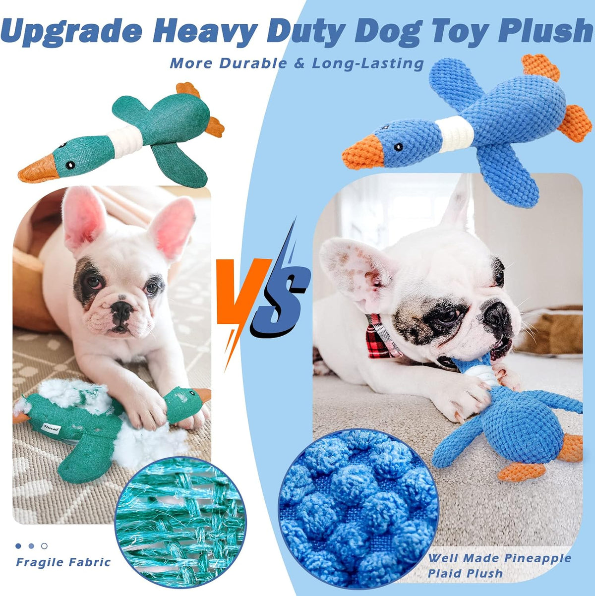 Vitscan Upgraded Goose Indestructible Dog Toys for Aggressive Chewers | Dog Chew Toys for Aggressive Chewers Small Medium Large Breed, Crinkle Squeaky Plush Puppy Chew Toys for Teething, Duck Toys
